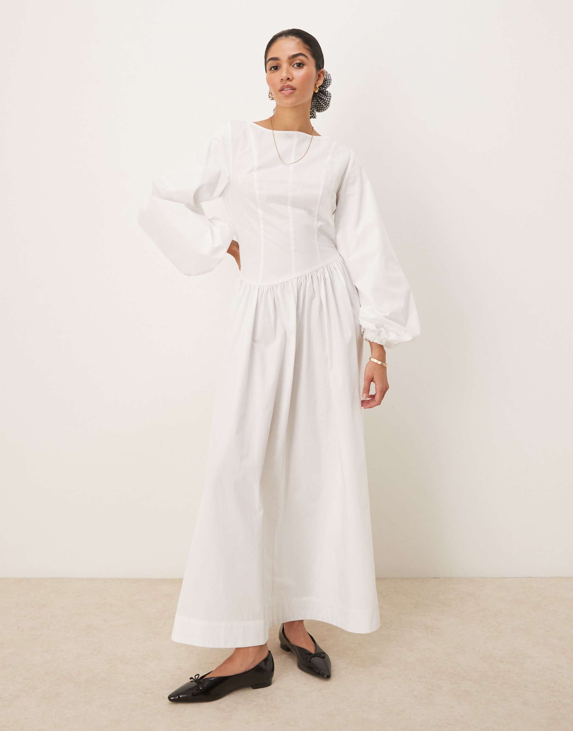 asos design poplin maxi dress with asymmetric waist and volume sleeve in white