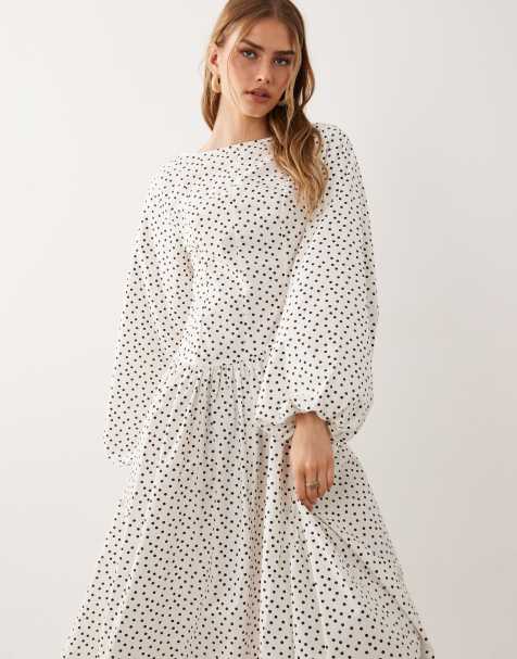 ASOS DESIGN poplin maxi dress with asymmetric waist and volume sleeves in chocolate polka dots - view 1
