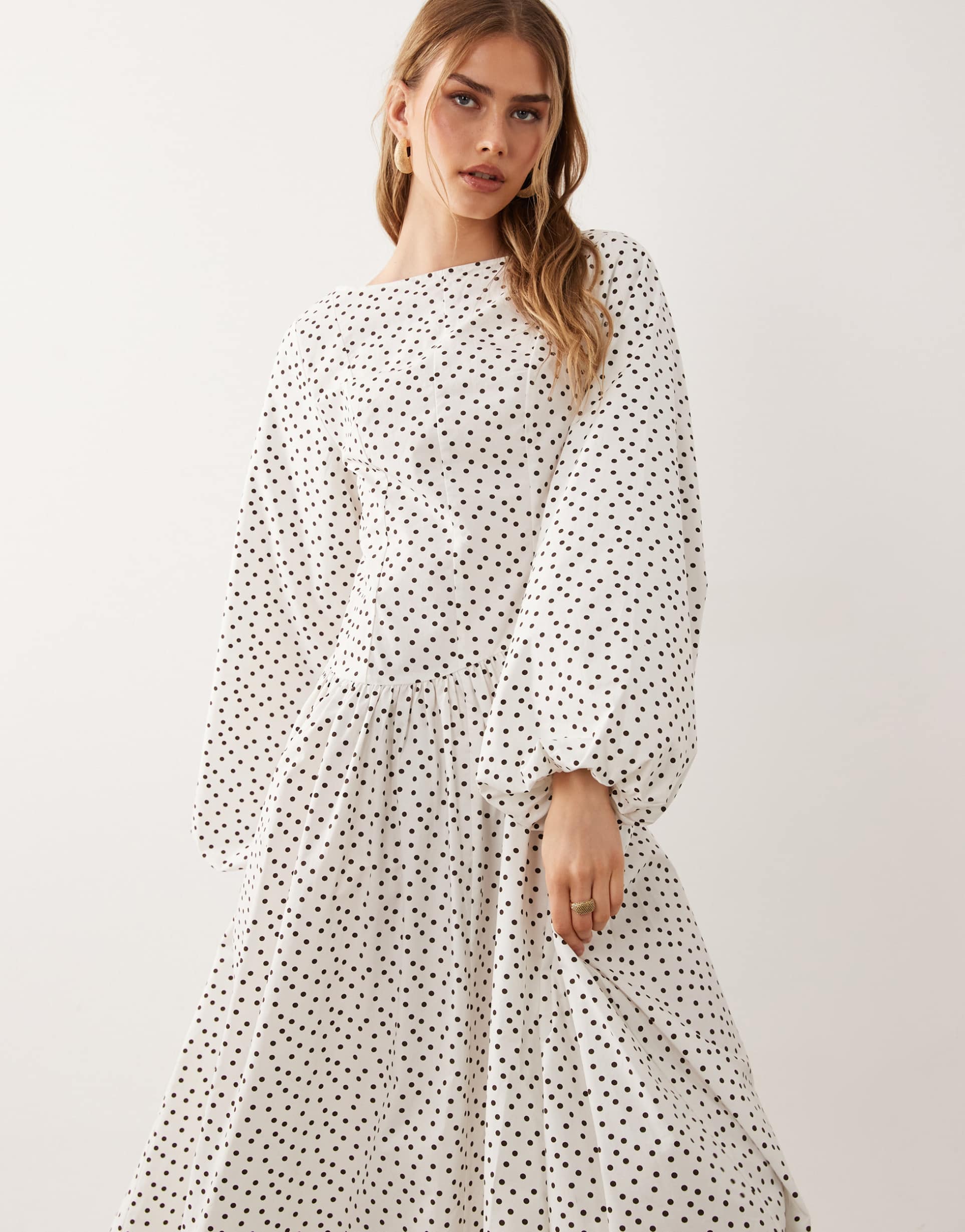 asos design poplin maxi dress with asymmetric waist and volume sleeves in chocolate polka dots