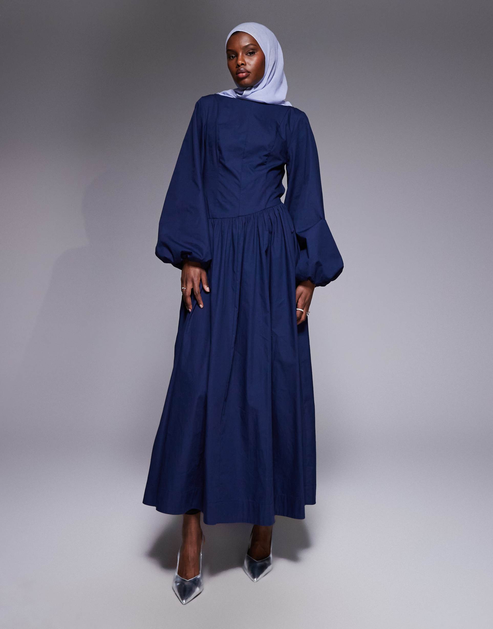 asos design poplin maxi dress with asymmetric waist and volume sleeves in navy