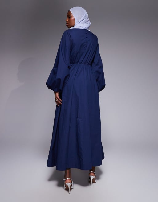 ASOS DESIGN poplin maxi dress with asymmetric waist and volume sleeves in navy, 3 of 4