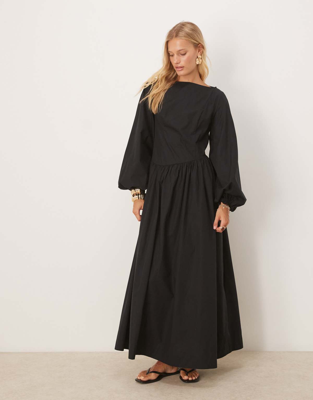 ASOS DESIGN poplin maxi dress with volume sleeve in black