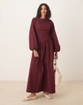 [ASOS DESIGN] ASOS DESIGN poplin maxi dress with volume sleeve in burgundy-Red 14 Burgundy