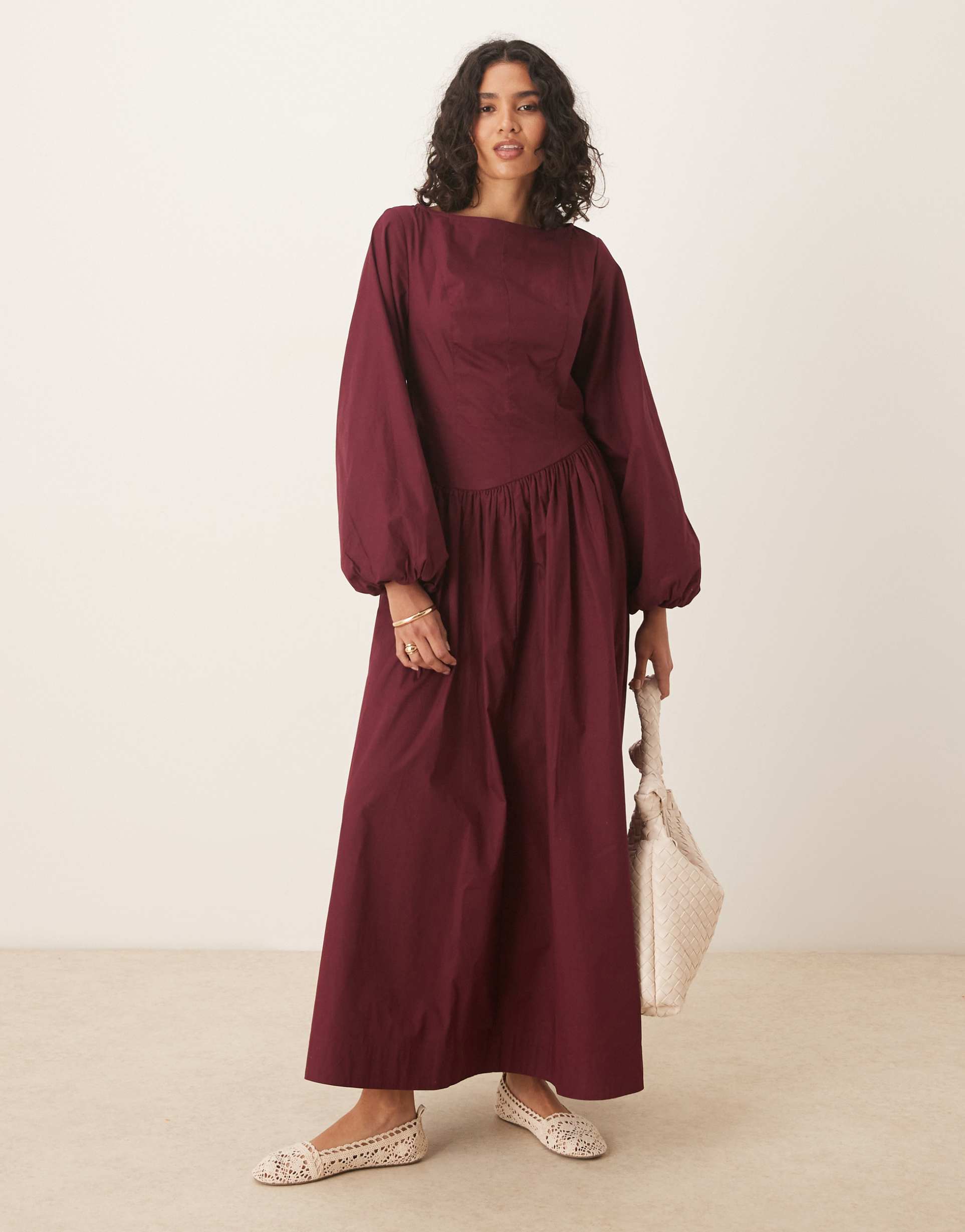 asos design poplin maxi dress with volume sleeves in burgundy