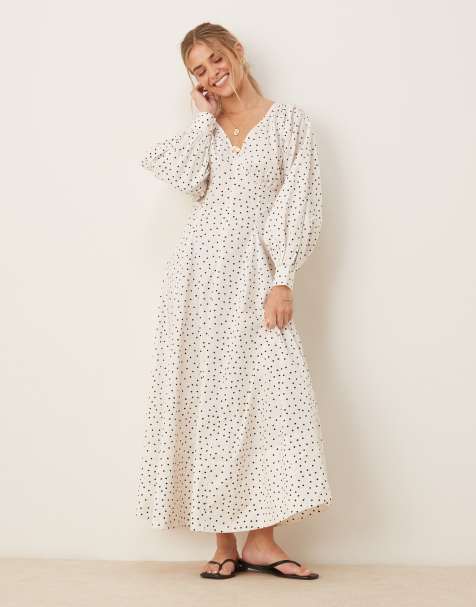 ASOS DESIGN - Poplin maxi jurk met lange mouwen en V-hals in stippenprint - view 1