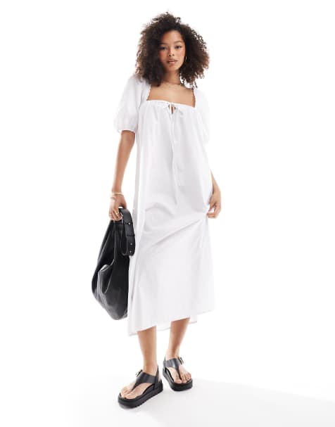 ASOS DESIGN - Poplin maxi-jurk met pofmouwen in wit - view 1