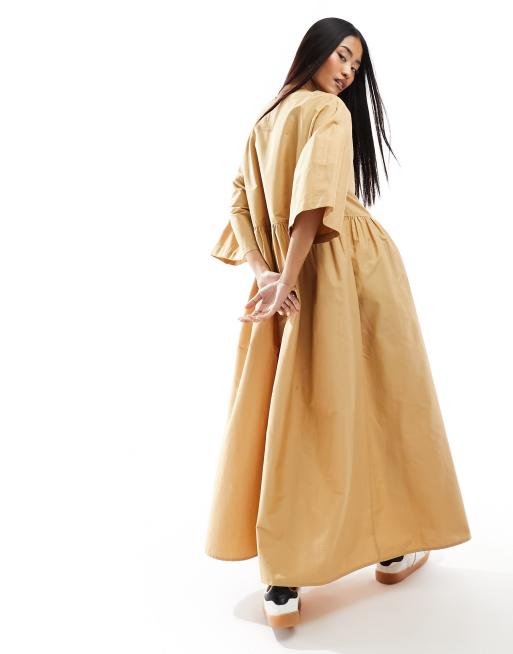 ASOS DESIGN poplin midi t-shirt smock dress in tan, 3 of 4