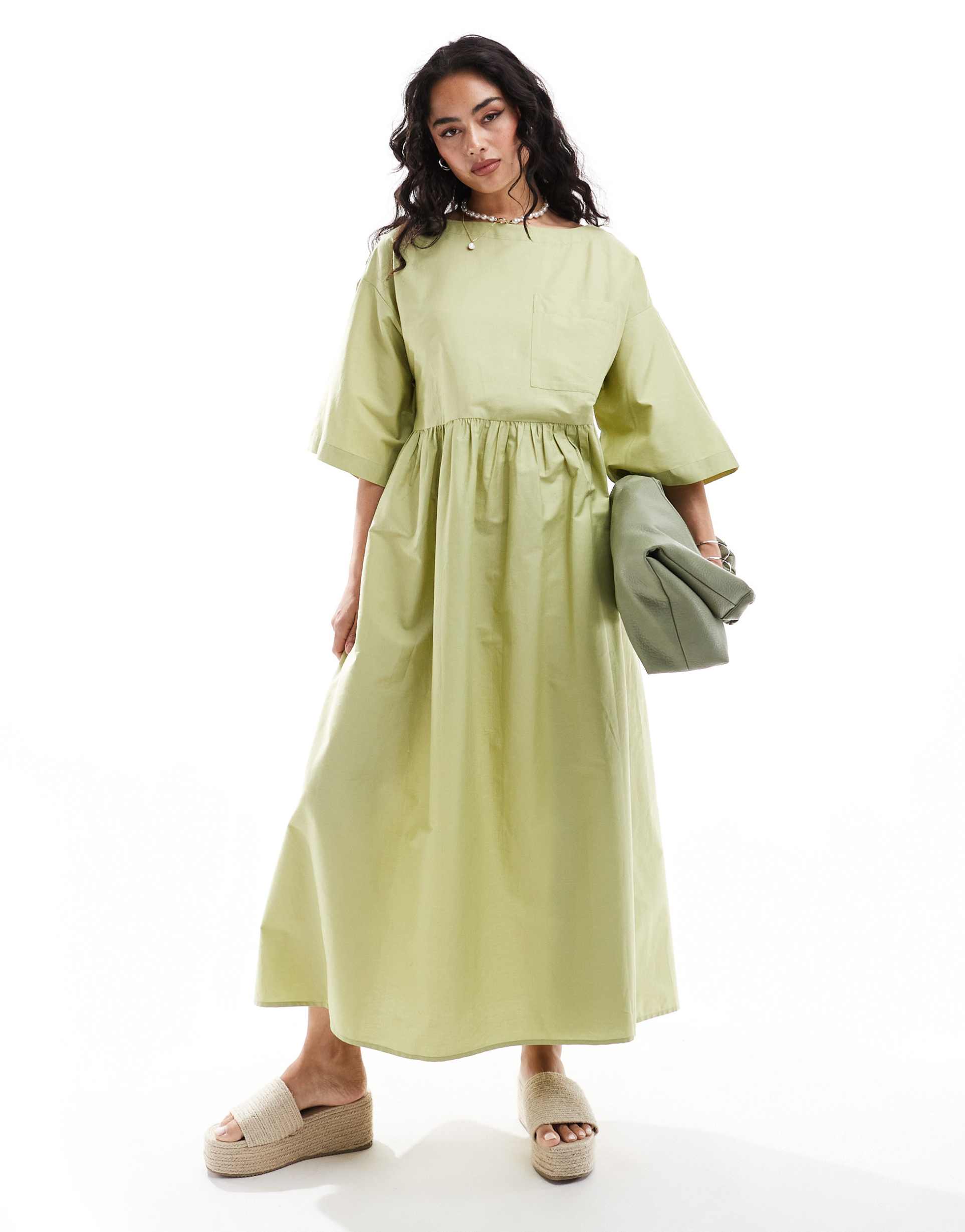 asos design poplin midi t-shirt smock dress in willow green