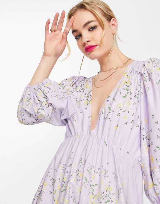 ASOS DESIGN - Poplin-midikjole med pufærmer i lilla blomstermønster, 3 af 4