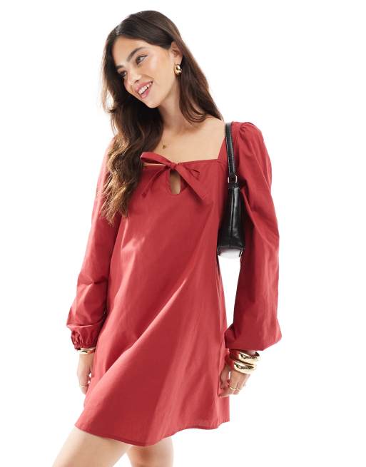 ASOS DESIGN - Poplin mini jurk met striksluiting in wijnrood