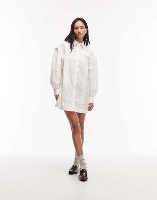 ASOS DESIGN poplin mini shirt dress with lace trim in white, 3 of 4
