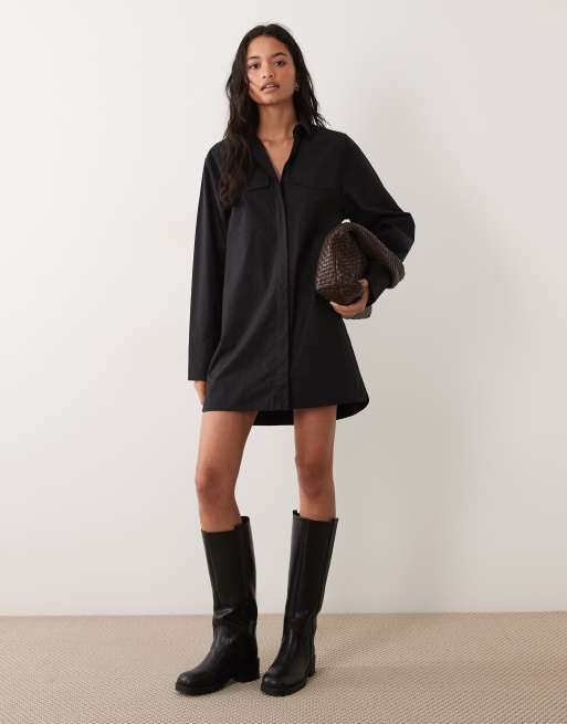 ASOS DESIGN poplin mini shirt dress with wide cuffs and oversized pockets in black, 3 of 4