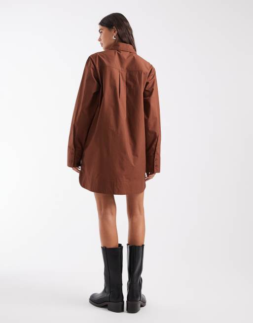 ASOS DESIGN poplin mini shirt dress with wide cuffs and oversized pockets in chocolate, 4 of 4