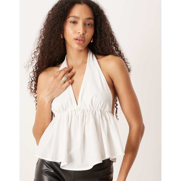ASOS DESIGN poplin mix babydoll halter top in ivory | ASOS