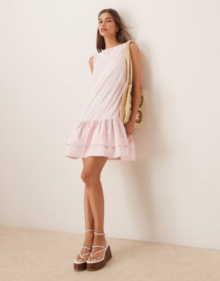 Asos Design Poplin Mix Dropped Hem Slash Neck Mini Dress