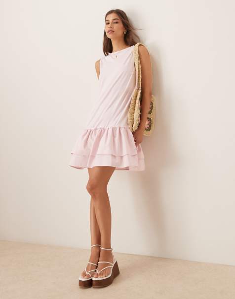 ASOS DESIGN poplin mix dropped hem slash neck mini dress in baby pink - view 1