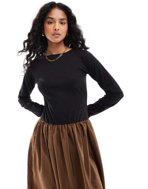 ASOS DESIGN poplin mix full skirt maxi dress in chocolate - view 1