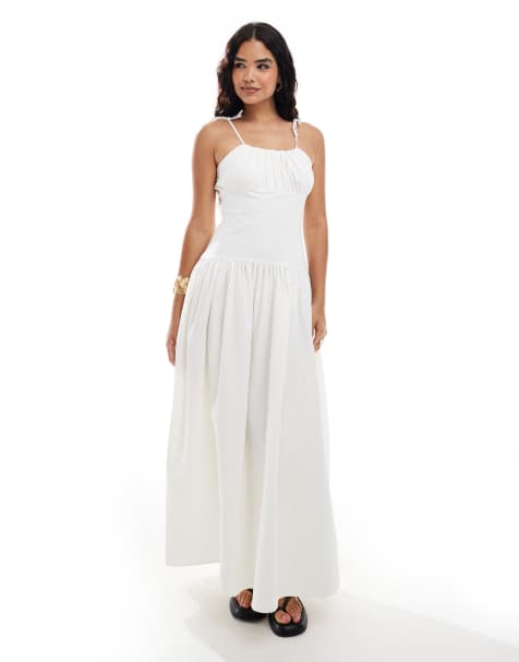 ASOS DESIGN poplin mix gathered bust maxi dress in cream - view 1
