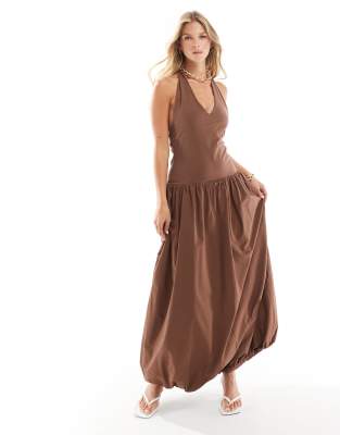 Asos Design Poplin Mix Halter Puffball Maxi Dress In Chocolate-brown