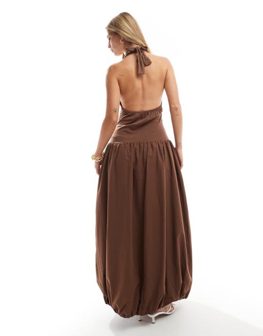 ASOS DESIGN poplin mix halter puffball maxi dress in chocolate ASOS