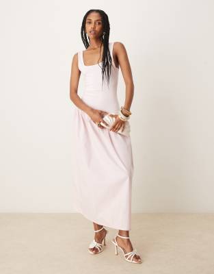 poplin mix maxi dress with square neck in pink