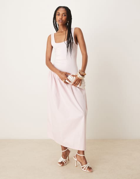 ASOS DESIGN poplin mix maxi dress with square neck in pink - view 1