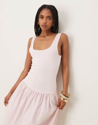 Asos Design Poplin Mix Maxi Dress With Square Neck In Pink