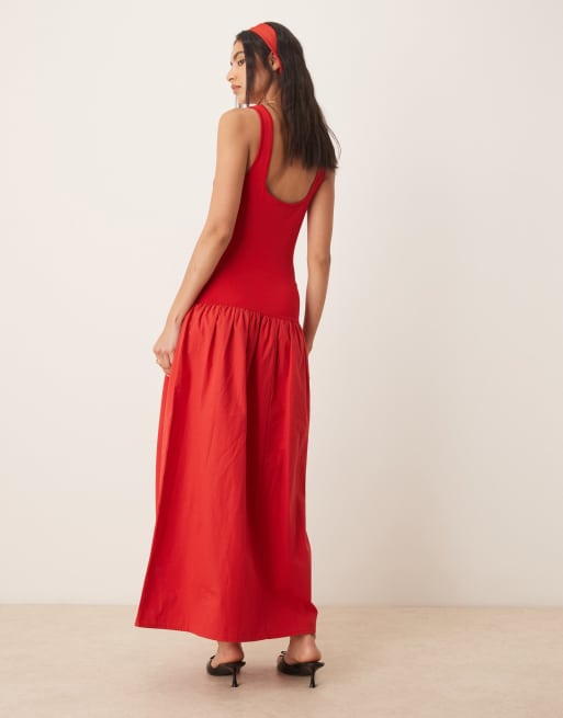 ASOS DESIGN poplin mix maxi dress with square neck in red