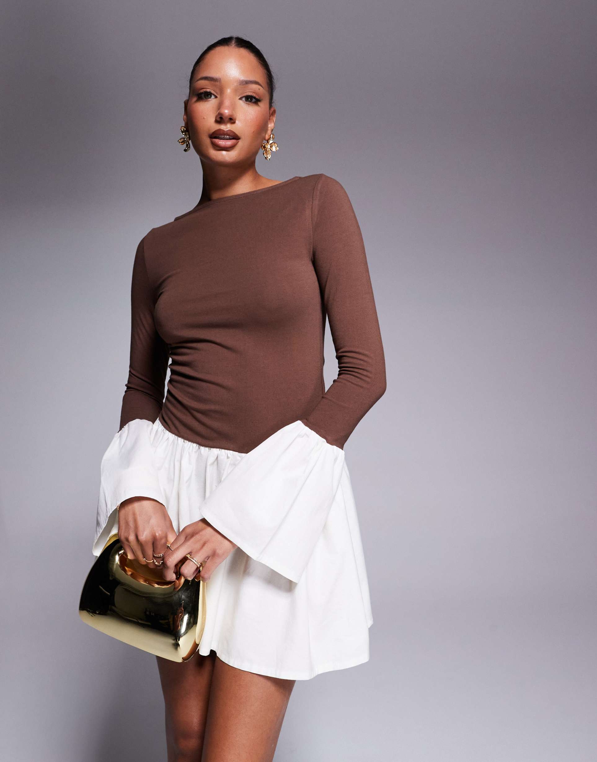 asos design poplin mix mini dress with ruffle cuffs in mocha