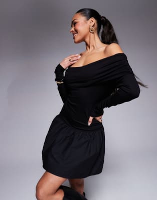 Asos Design Poplin Mix Off The Shoulder Mini Dress In Black