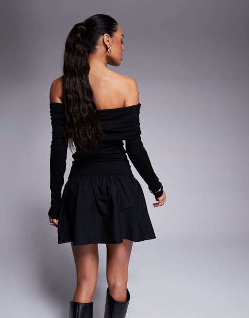 ASOS DESIGN poplin mix off the shoulder mini dress in black, 3 of 4