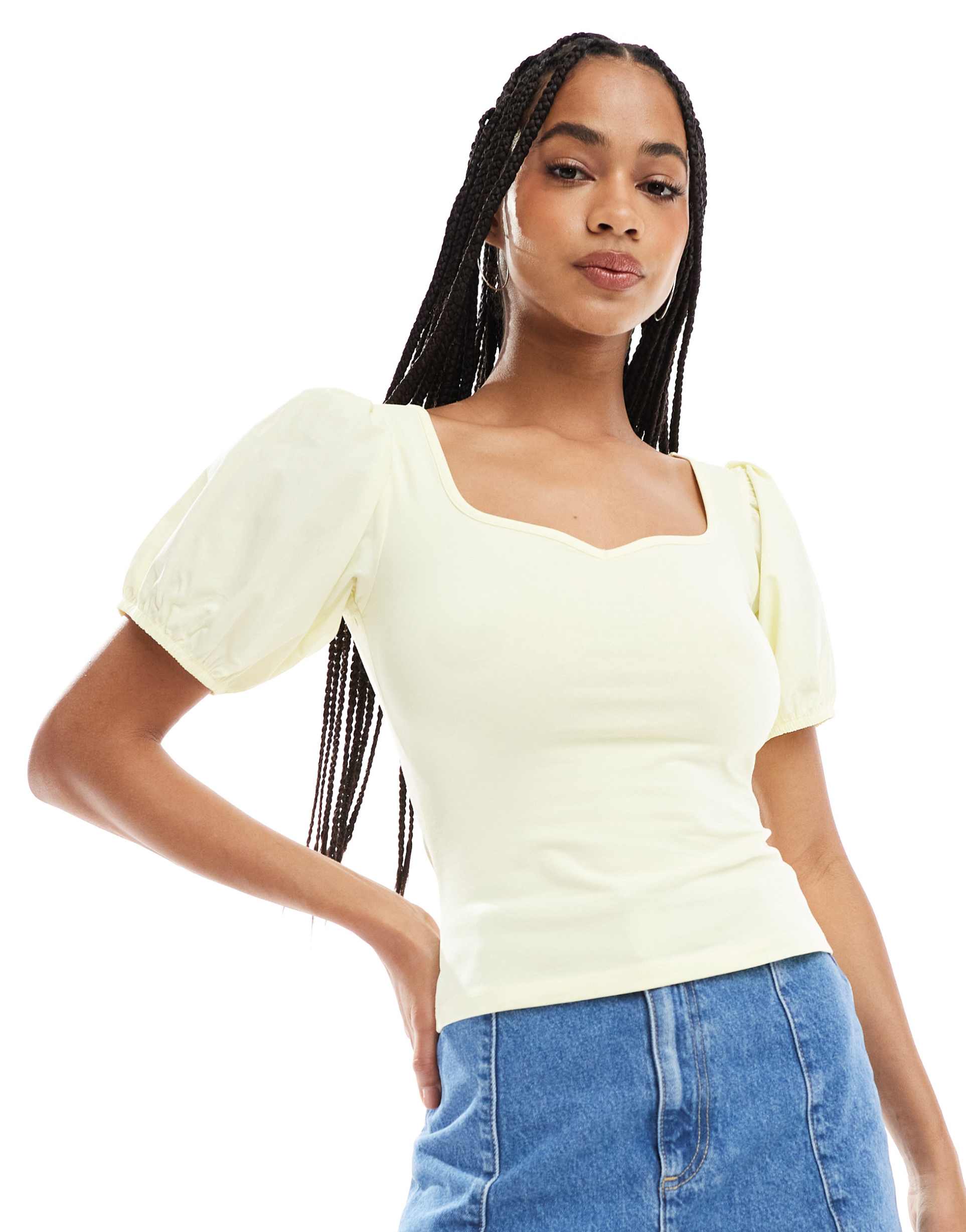 asos design poplin mix puff sleeve sweetheart top in buttermilk yellow