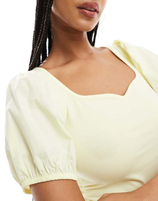 ASOS DESIGN poplin mix puff sleeve sweetheart top in buttermilk yellow, 3 of 4