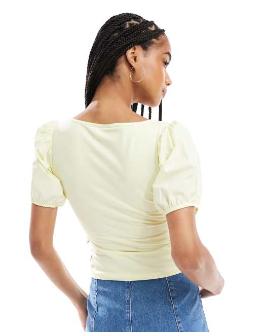 ASOS DESIGN poplin mix puff sleeve sweetheart top in buttermilk yellow, 4 of 4