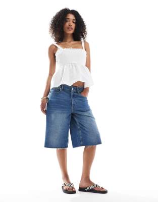 Asos Design Poplin Mix Shirred Babydoll Top In White
