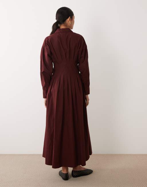 ASOS DESIGN poplin overhemd maxi jurk met getailleerde taille in bordeauxrood, 4 van 4