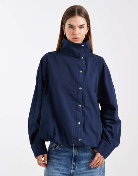 ASOS DESIGN - Poplin overhemdjack met opstaande boord in marineblauw - view 1