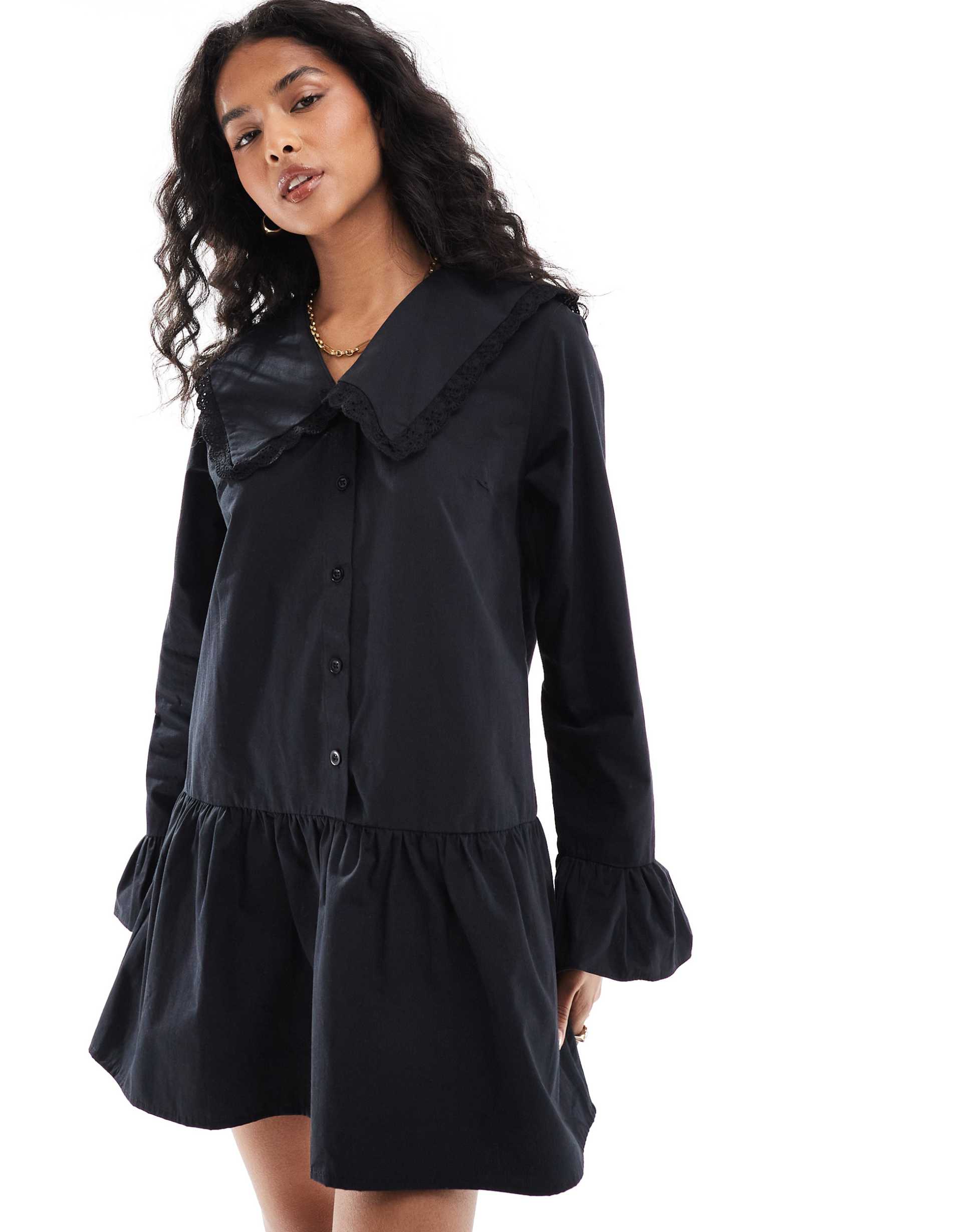 asos design poplin oversized collar mini dress in black