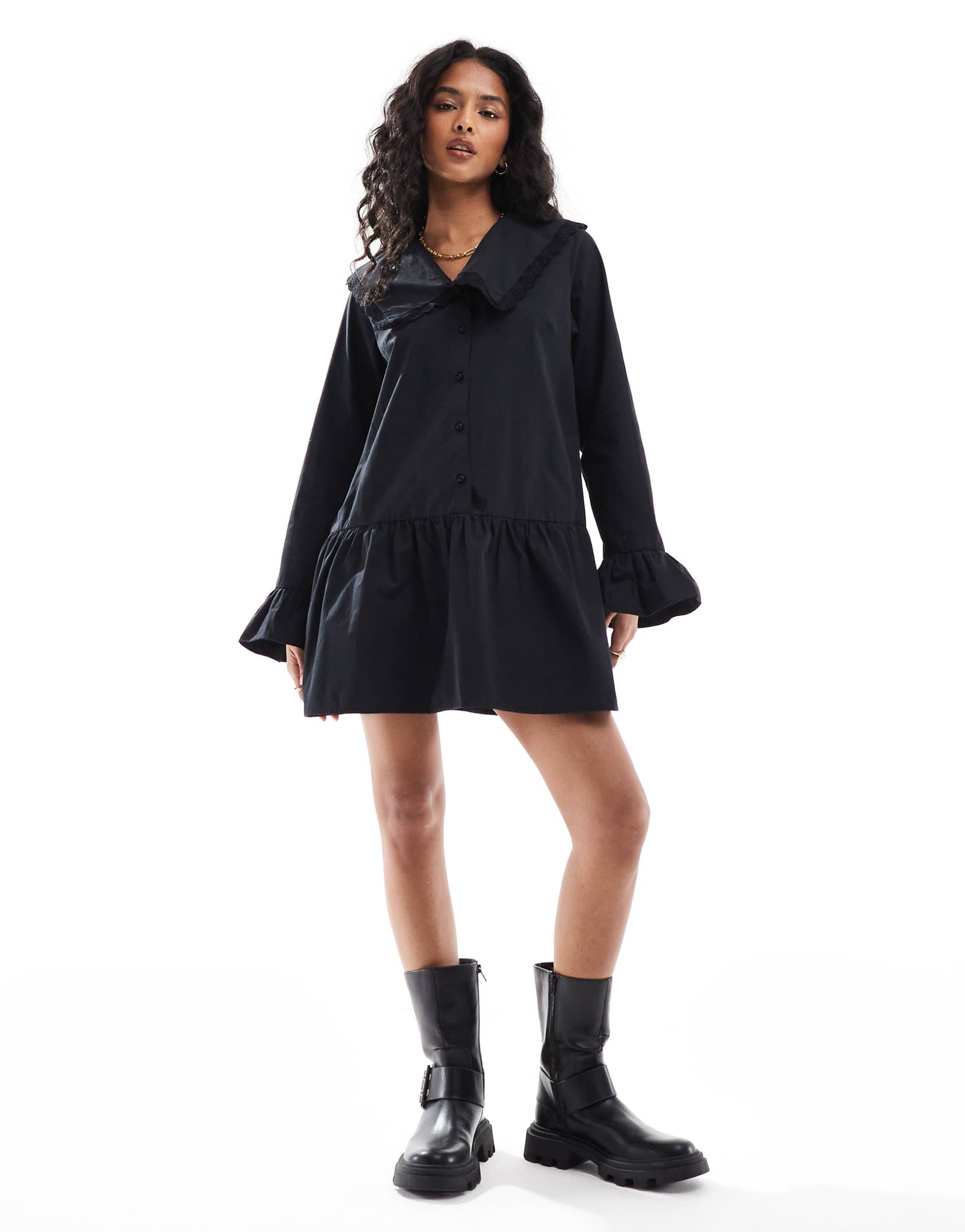 asos design poplin oversized collar mini dress in black