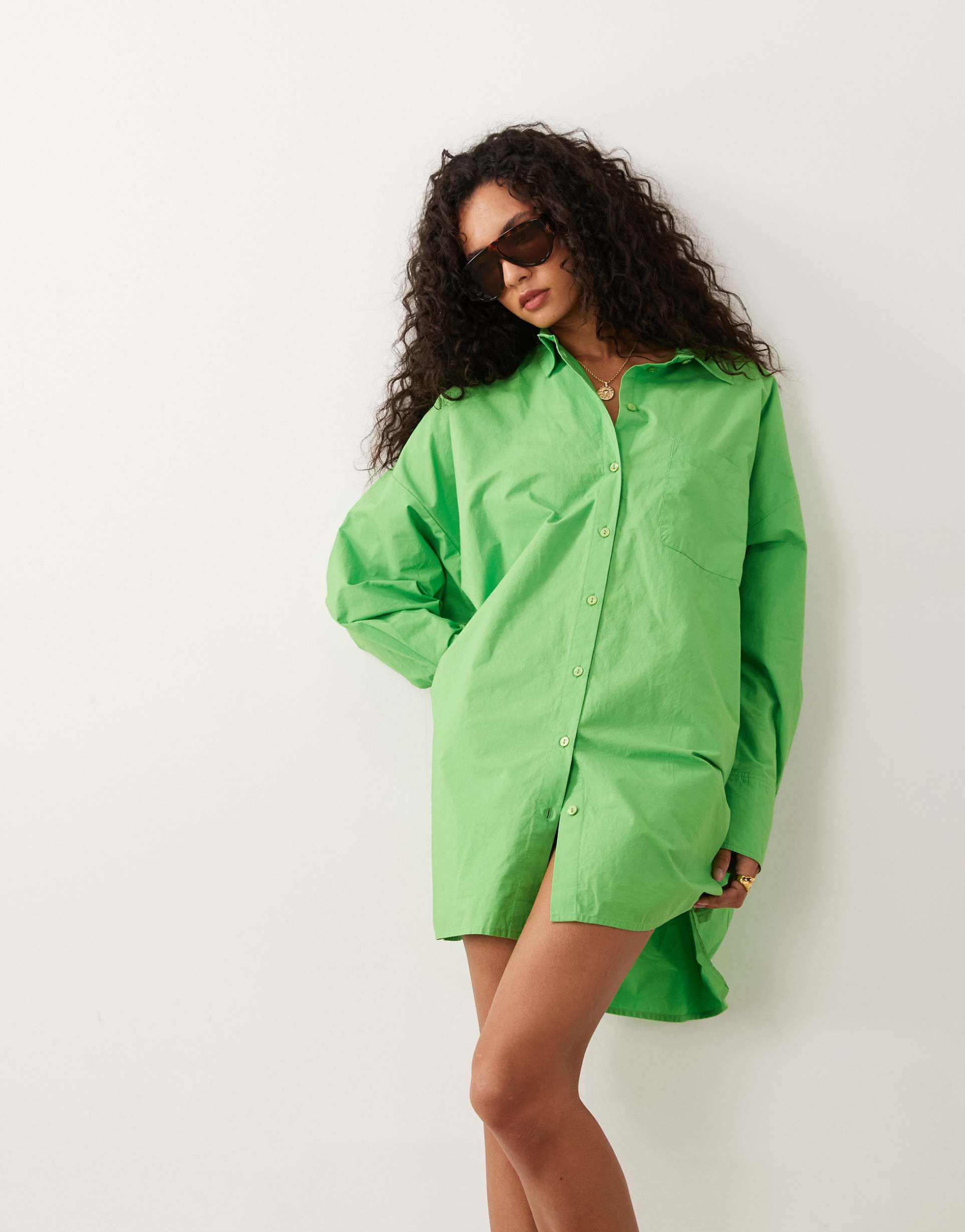 asos design poplin oversized mini shirt dress in vibrant green - part of a set