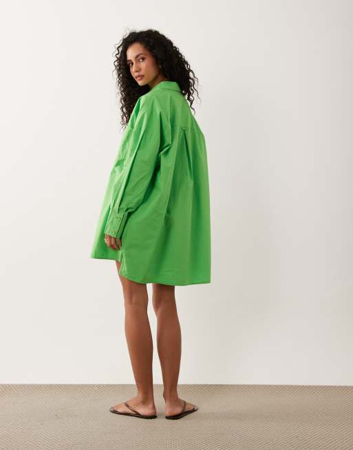 ASOS DESIGN poplin oversized mini shirt dress in vibrant green - part of a set, 4 of 4