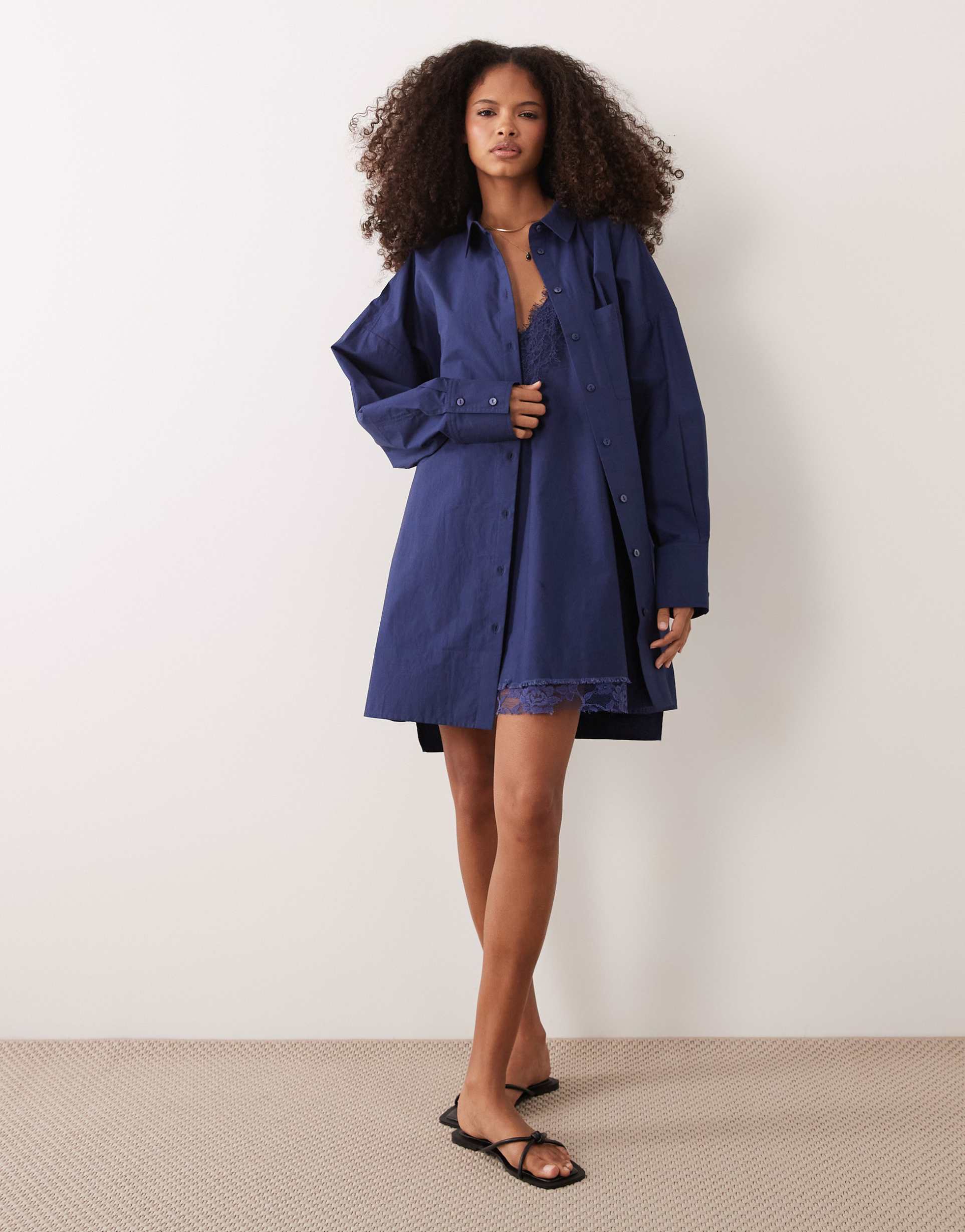 asos design poplin oversized shirt dress in navy - part of a set
