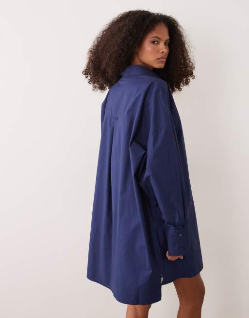 ASOS DESIGN poplin oversized shirt dress in navy - part of a set, 4 of 4