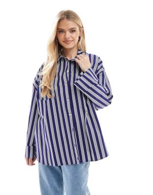 Asos Design Poplin Oversized Shirt In Navy Stripe-multi