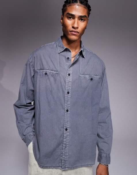 ASOS DESIGN poplin oversized shirt in washed grey - view 1