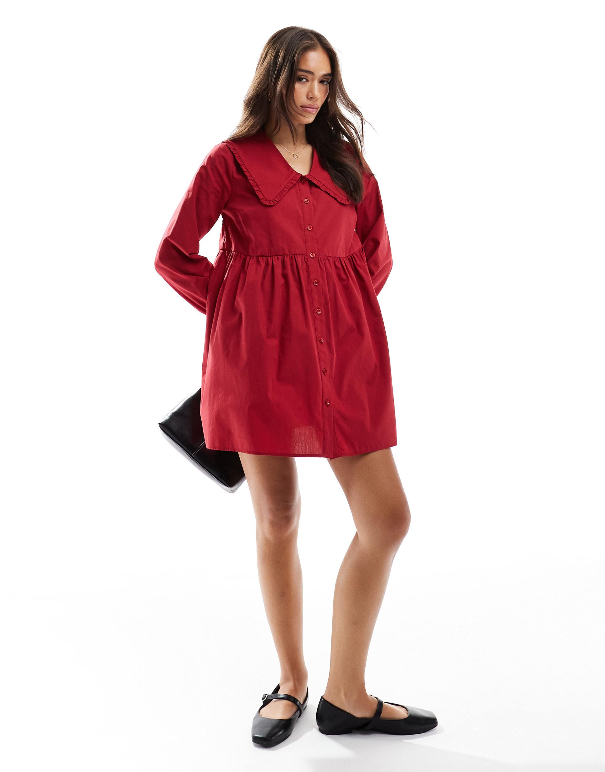 asos design poplin oversized smock mini dress in red