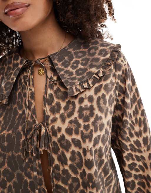 ASOS DESIGN poplin piecrust blouse in leopard print