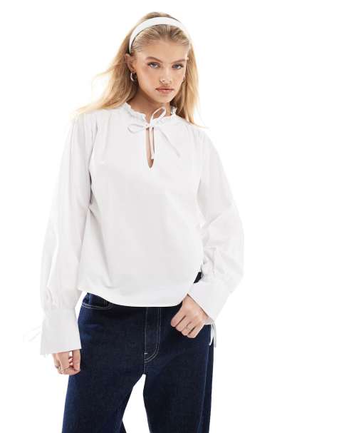 ASOS DESIGN poplin piecrust collar blouse in white