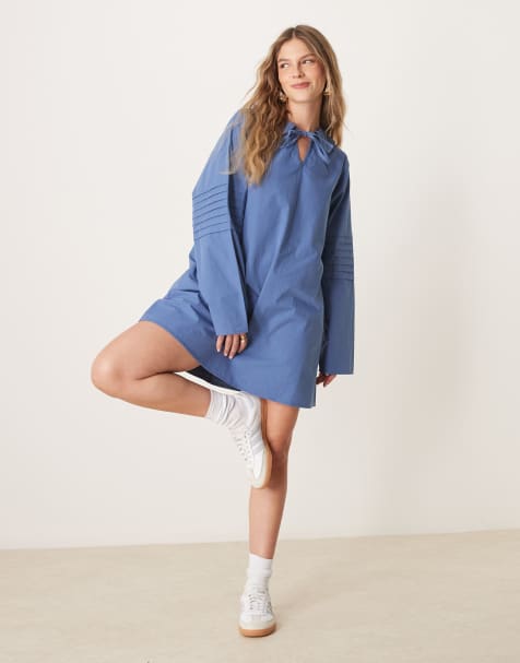 ASOS DESIGN poplin pintuck mini dress in blue - view 1