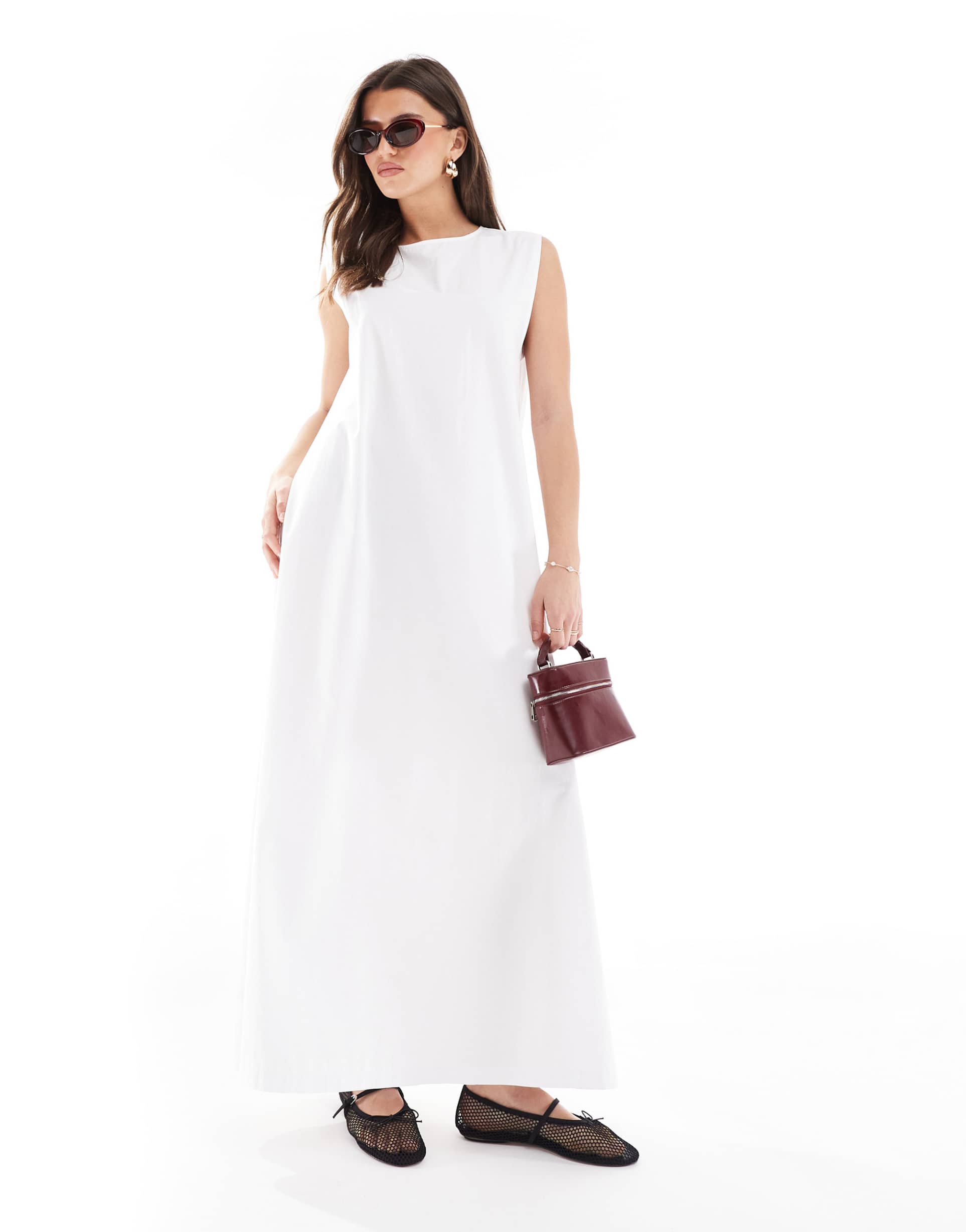 asos design poplin pleat back trapeze maxi dress in white